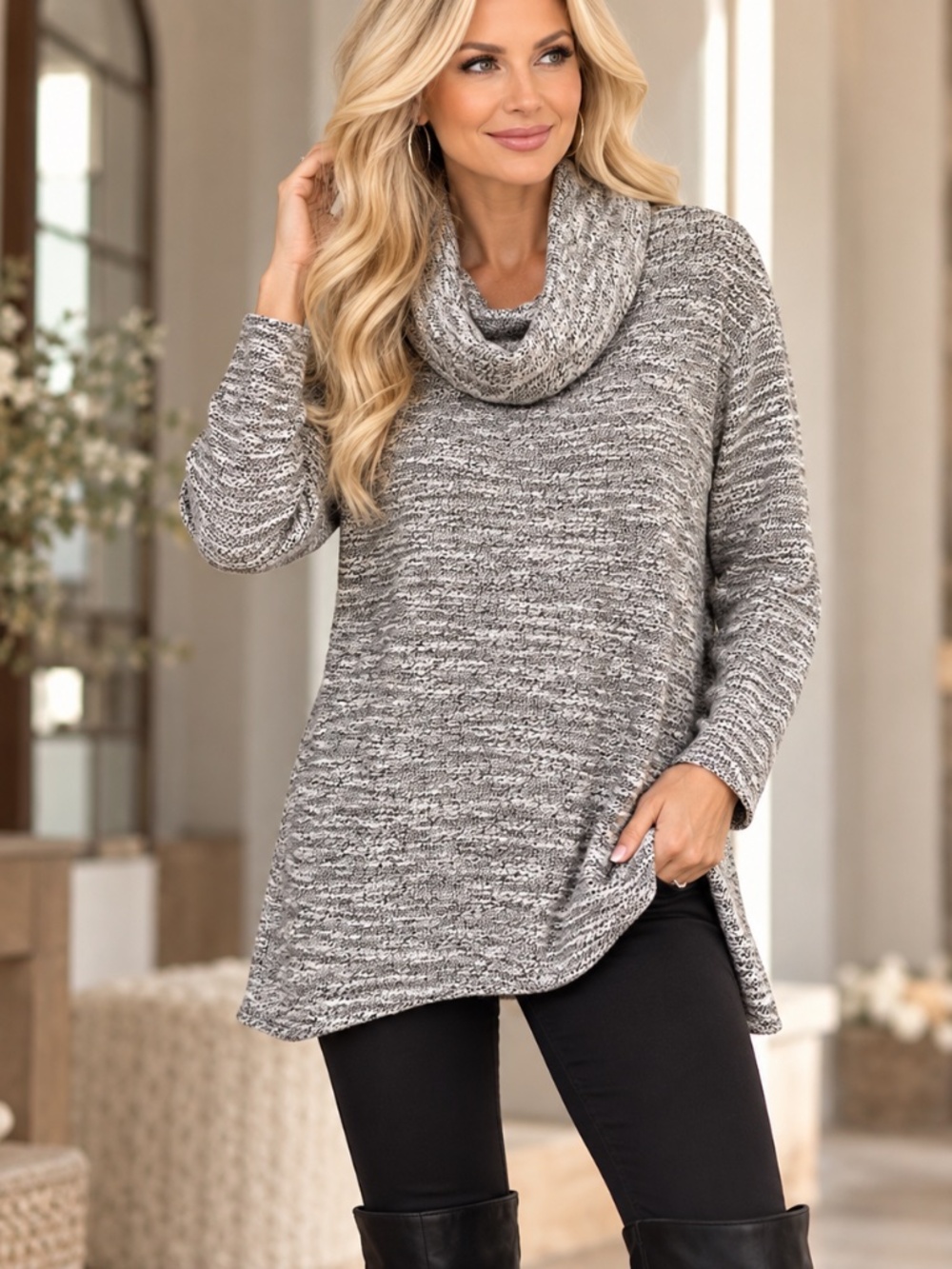 Merona L/G Gray Marled Cowl Neck Tunic Sweater Long Sleeve